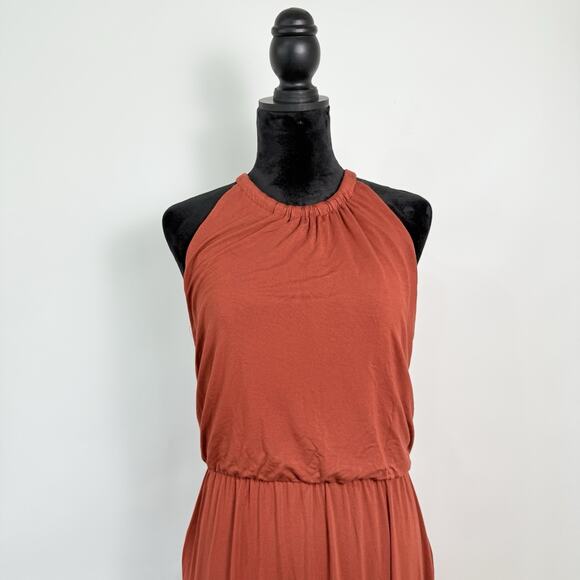 Rachel Zoe Midi Dress Sz L Terracotta Ruffle Tier Pockets Stretchy Resort Casual - Picture 3 of 7
